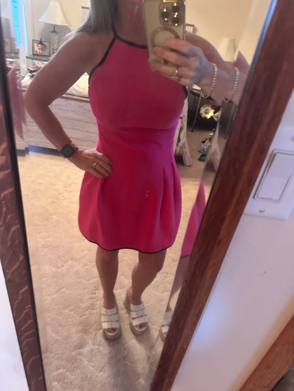 Monteau Hot Pink Halter A-Line Dress with Black Trim